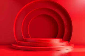 Poster - Red round podium displaying products on geometric background with copy space
