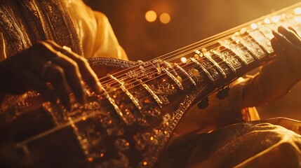 Aufkleber - Close-up of a sitar being played, with intricate woodwork and strings glowing under warm light, in 4K resolution