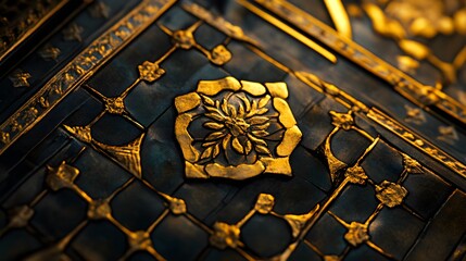 Poster - Close-up of the intricate patterns on a Thai temple door, with gold accents glowing under soft light, in 4K resolution
