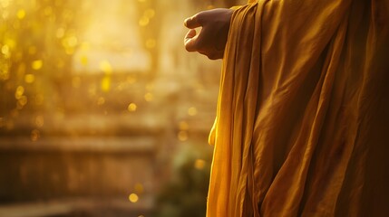 Poster - Close-up of a monk holding a saffron robe under soft morning light, with intricate temple details in the background, in 4K resolution