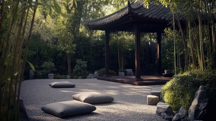 Aufkleber - A serene meditation space amidst a Zen garden, Meditation cushions arranged under a pagoda, Minimalist photography style