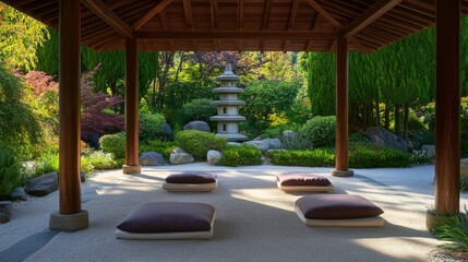 Aufkleber - A serene meditation space amidst a Zen garden, Meditation cushions arranged under a pagoda, Minimalist photography style