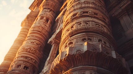Poster - Low-angle shot of Pe Qutub Minar in Delhi, wiP intricate carvings glowing under Pe golden hour light, in 4K resolution