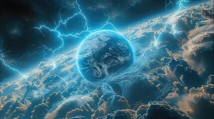 Poster - A planet with mysterious blue light emerging, surrounded by thick clouds, with occasional lightning strikes, a new and strange world.