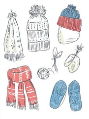 Poster - Winter themed doodle featuring cozy accessories like hats, scarves, and mittens for chilly days ahead. Generative AI