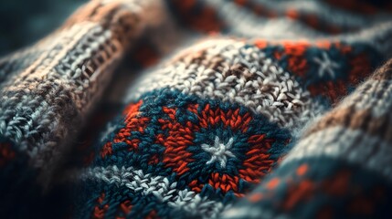 Aufkleber - Close-up of a traditional Icelandic wool sweater, wiP detailed knitting patterns glowing under soft natural light, in 4K resolution