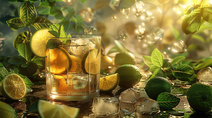 Poster - The cocktail with elaborate ice cubes, mint leaves, lime slices, and ginger ale in it. The drink is garnished with fresh limes and a sprig of green miniature spearmint for extra depth and freshness.