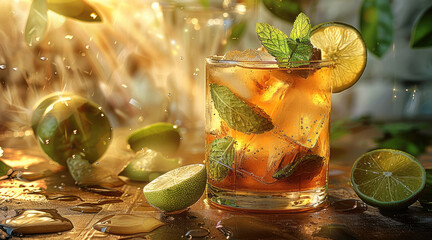 Poster - The cocktail with elaborate ice cubes, mint leaves, lime slices, and ginger ale in it. The drink is garnished with fresh limes and a sprig of green miniature spearmint for extra depth and freshness.