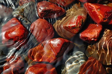 Poster - Crystal clear water flowing over smooth red and grey polished stones, creating a beautiful natural background