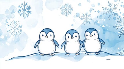 Poster - Winter themed doodle featuring cute penguins in a snowy landscape with soft blue tones and falling snowflakes. Generative AI