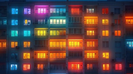 Poster - A housing block, vividly lit apartment facade at night, multitude of colors in each window, neon-lit balconies.