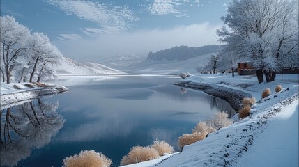 Poster - A winter scene with snow around Lake.