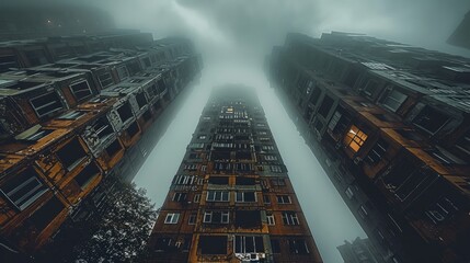 Aufkleber - Very old tall buildings some are in ruins, dark sky, pollution outside that window.