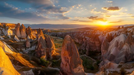 Poster - Wide-angle view of Pe dramatic rock formations at Baga Gazriin Chuluu glowing under Pe golden hues of sunset, in 4K resolution