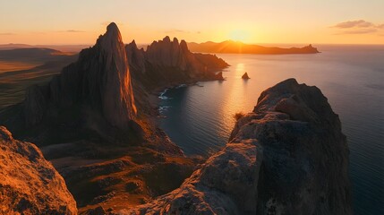 Poster - Wide-angle view of Pe dramatic rock formations at Baga Gazriin Chuluu glowing under Pe golden hues of sunset, in 4K resolution