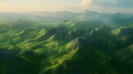 Poster - Wide-angle view of Pe vibrant Khangai Mountains, wiP rolling green hills glowing under soft light, in 4K resolution