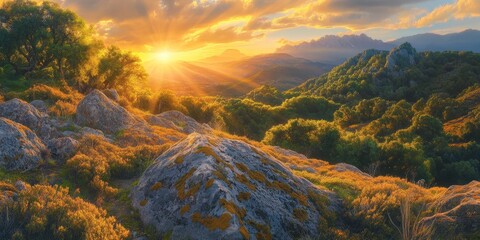 Wall Mural - As the sunset unfolds, warm golden orange rays spill across the valley, illuminating lichen covered rocks and lush foliage during this stunning sunset moment. Experience the beauty of sunset.