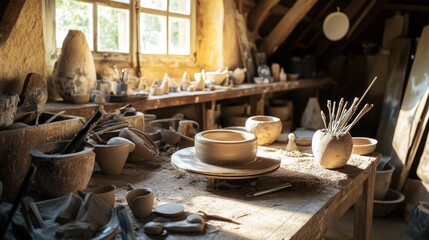 Poster - A serene pottery wheel setup in a rustic barn, Pottery tools and clay neatly arranged around a pottery wheel, Minimalist craft style