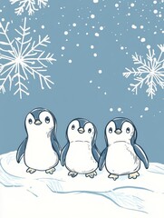 Poster - Winter themed doodle featuring three cute penguins standing on snow with snowflakes falling in a frosty setting. Generative AI
