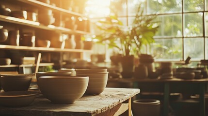 Poster - A serene pottery workshop in a sunlit studio, Pottery wheels and clay arranged for artistic molding, Artisanal craft style