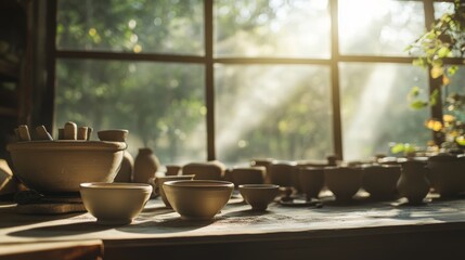 Poster - A serene pottery workshop in a sunlit studio, Pottery wheels and clay arranged for artistic molding, Artisanal craft style