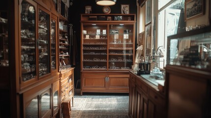 Vintage Shop Interior with Wooden Furniture and Display Cabinets