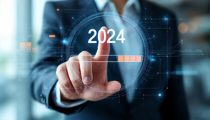 Wall Mural - Businesswoman uses her hand to press a digital loading bar that represents the change from 2024 to 2025. Which is a symbol of strategic planning and future readiness. 