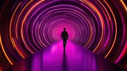 Poster - Person is walking down a tunnel illuminated by concentric circles of light, creating a mesmerizing effect