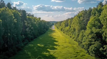 Aufkleber - Drone view of a green forest with a big road in the middle.