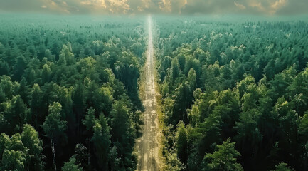 Aufkleber - Drone view of a green forest with a big road in the middle.