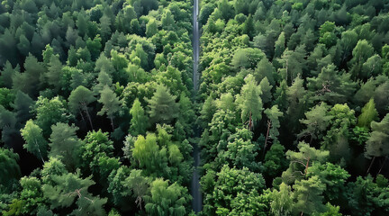 Aufkleber - Drone view of a green forest with a big road in the middle.