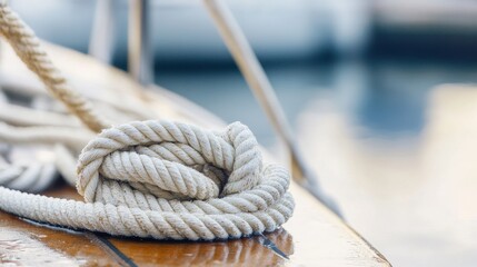 Aufkleber - A serene sailing setup with a neatly coiled rope and well-arranged sails, A calm dockside with a gentle breeze, Minimalist nautical style