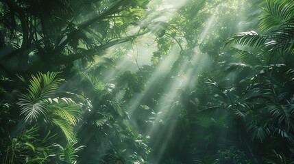 Wall Mural - Sunlight shines through a lush green jungle.