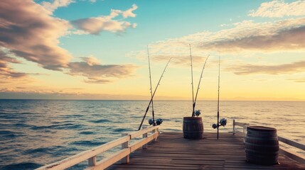 Aufkleber - A serene sea fishing scene at sunrise on a tranquil pier, Fishing rods set for early morning catch, Pier tranquility style