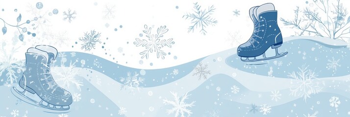 Poster - Winter themed doodle featuring ice skates and snowflakes in a serene snowy landscape. Generative AI