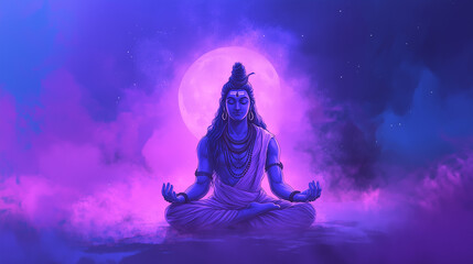 Maha Shivaratri banner with violet to light blue color gradation, featuring an image of Lord Shiva meditating with moonlight around him, Ai generated images