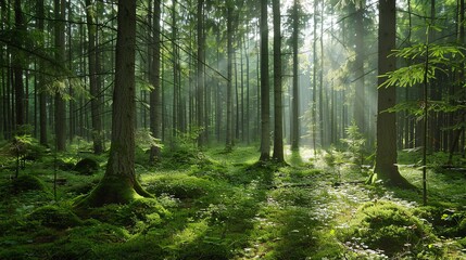 Wall Mural - Sunbeams filtering through the trees in a forest.