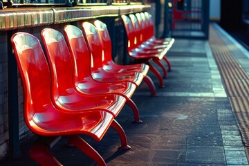 Poster - Shiny red plastic seats stand in a row on a subway platform, hinting at the bustling commute to come