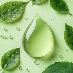 Canvas Print - A single drop of clear liquid rests on a pastel green background surrounded by fresh leaves and water droplets.