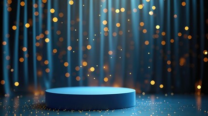 Poster - A blue podium under a soft blue curtain, highlighted by golden glittering lights on a dark background, perfect for showcasing products or awards.