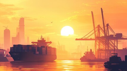 Aufkleber - A bustling port with a cargo ship and cargo plane at sunrise, cranes moving containers, illustrating the logistics and import/export industry.