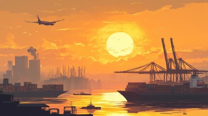 Aufkleber - A bustling port with a cargo ship and cargo plane at sunrise, cranes moving containers, illustrating the logistics and import/export industry.