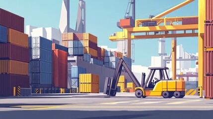 Aufkleber - A busy port with containers stacked high and a forklift moving cargo, illustrating logistics, shipping, and the transport industry's daily operations.