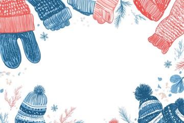 Poster - Colorful winter themed doodle featuring knitted hats and mittens on a blank background with decorative elements. Generative AI