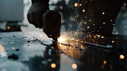 Poster - A close-up of a craftsman cutting steel with a gas cutting machine, sparks flying during the metal fabrication process in a construction workshop.