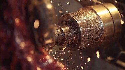 Poster - A close-up of a metalworker grinding a piece of metal on a lathe grinder, with intense sparks flying, highlighting the industrial nature of the work.