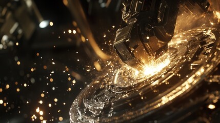 Poster - A close-up of a worker grinding a metal part in an industrial workshop, sparks flying around as the heavy machinery hums in the background.