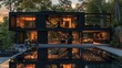 © visoot - A black modernist shipping container home with glass windows and doors, sitting on top of an infinity pool in the backyard. The house has multiple levels and large open spaces with a living room.