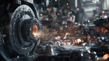 Poster - A close-up of a worker grinding a metal part in an industrial workshop, sparks flying around as the heavy machinery hums in the background.