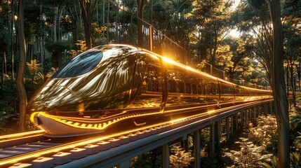 Aufkleber - A gold train moving fast on a gold rail way in a forest setting with trees.
